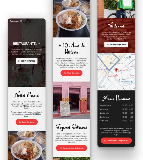 Pantallas en formato para telefonos del sitio web restaurantejm.com.br